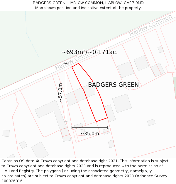 BADGERS GREEN, HARLOW COMMON, HARLOW, CM17 9ND: Plot and title map
