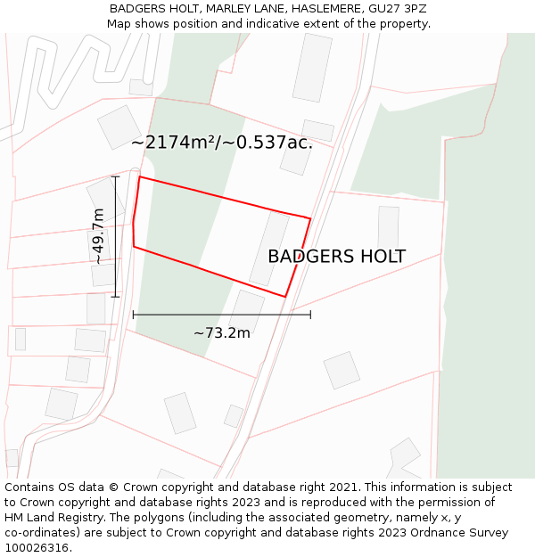 BADGERS HOLT, MARLEY LANE, HASLEMERE, GU27 3PZ: Plot and title map