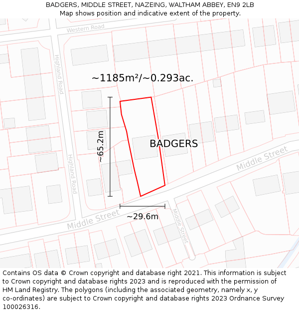 BADGERS, MIDDLE STREET, NAZEING, WALTHAM ABBEY, EN9 2LB: Plot and title map