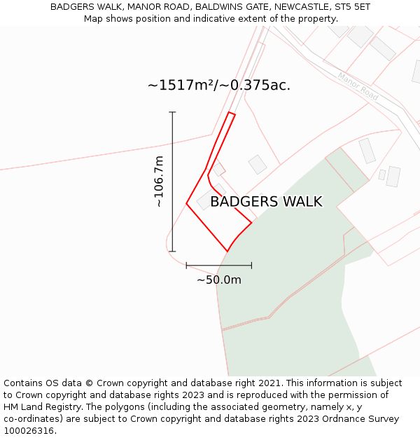 BADGERS WALK, MANOR ROAD, BALDWINS GATE, NEWCASTLE, ST5 5ET: Plot and title map