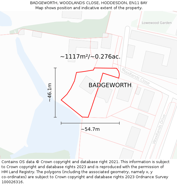 BADGEWORTH, WOODLANDS CLOSE, HODDESDON, EN11 8AY: Plot and title map