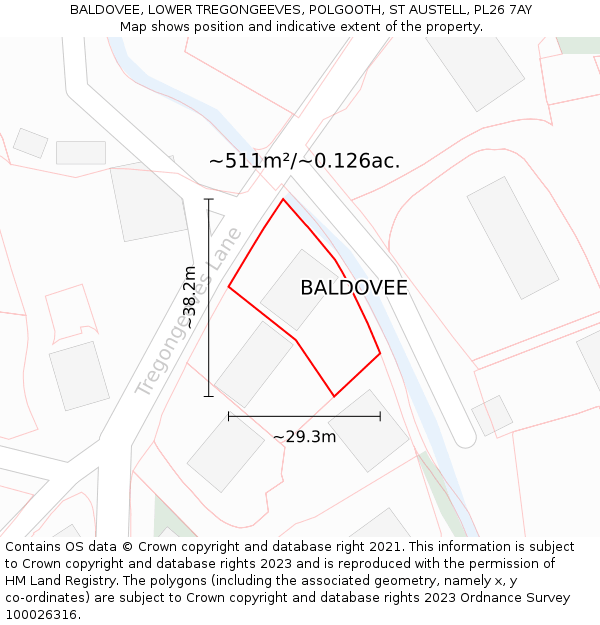 BALDOVEE, LOWER TREGONGEEVES, POLGOOTH, ST AUSTELL, PL26 7AY: Plot and title map