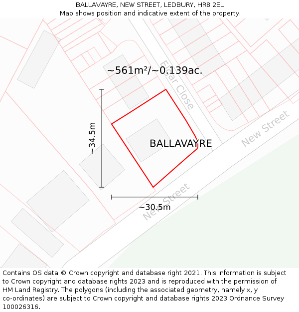 BALLAVAYRE, NEW STREET, LEDBURY, HR8 2EL: Plot and title map