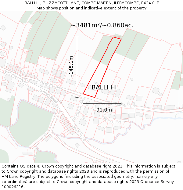 BALLI HI, BUZZACOTT LANE, COMBE MARTIN, ILFRACOMBE, EX34 0LB: Plot and title map