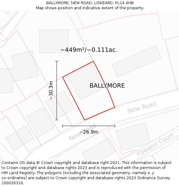 BALLYMORE, NEW ROAD, LISKEARD, PL14 4HB: Plot and title map