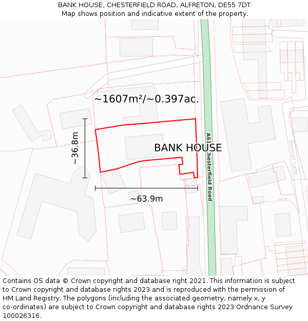 BANK HOUSE, CHESTERFIELD ROAD, ALFRETON, DE55 7DT: Plot and title map