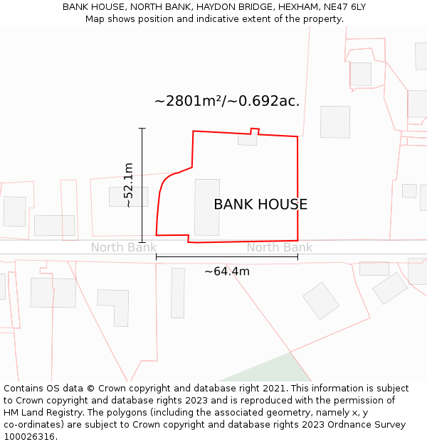 BANK HOUSE, NORTH BANK, HAYDON BRIDGE, HEXHAM, NE47 6LY: Plot and title map