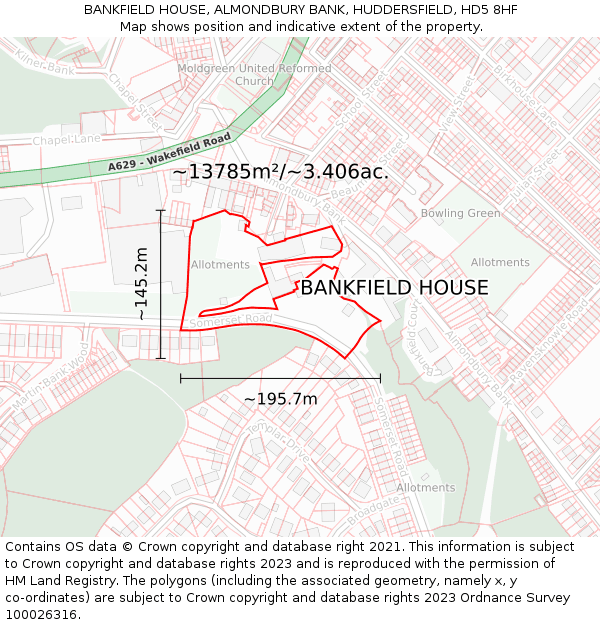 BANKFIELD HOUSE, ALMONDBURY BANK, HUDDERSFIELD, HD5 8HF: Plot and title map