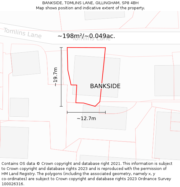 BANKSIDE, TOMLINS LANE, GILLINGHAM, SP8 4BH: Plot and title map