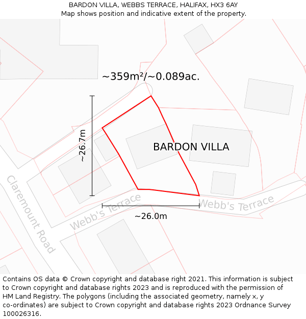 BARDON VILLA, WEBBS TERRACE, HALIFAX, HX3 6AY: Plot and title map