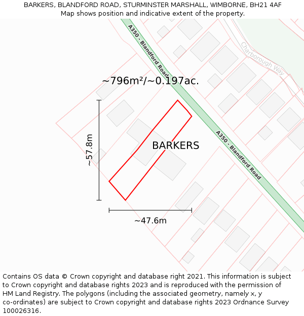 BARKERS, BLANDFORD ROAD, STURMINSTER MARSHALL, WIMBORNE, BH21 4AF: Plot and title map