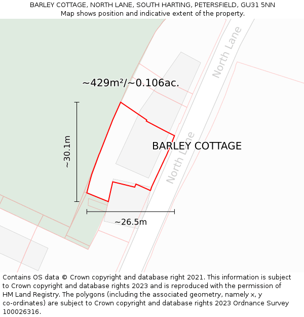 BARLEY COTTAGE, NORTH LANE, SOUTH HARTING, PETERSFIELD, GU31 5NN: Plot and title map