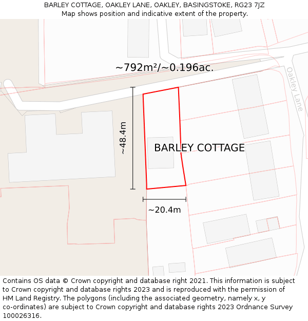 BARLEY COTTAGE, OAKLEY LANE, OAKLEY, BASINGSTOKE, RG23 7JZ: Plot and title map