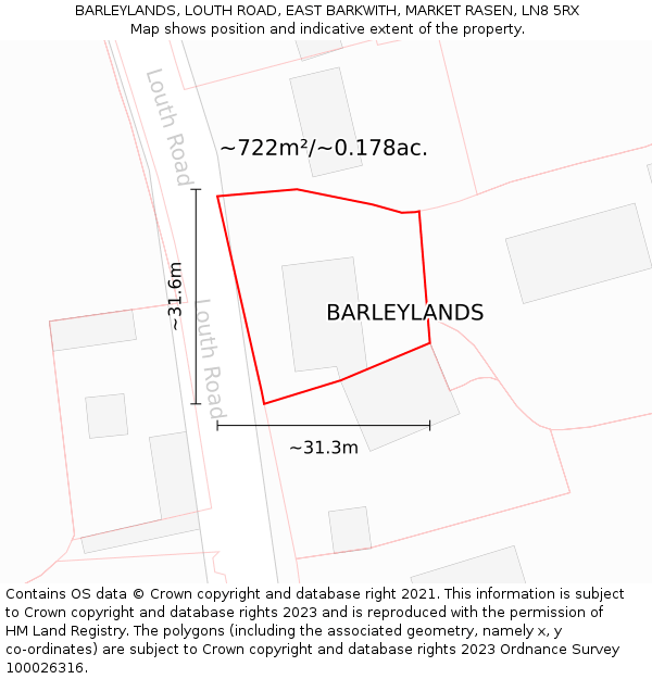 BARLEYLANDS, LOUTH ROAD, EAST BARKWITH, MARKET RASEN, LN8 5RX: Plot and title map