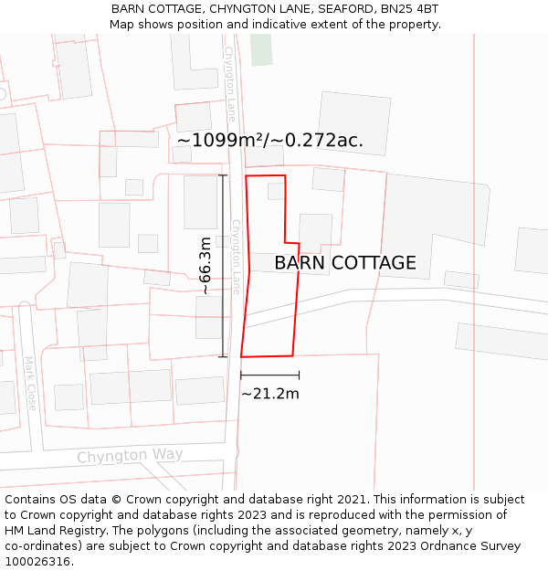 BARN COTTAGE, CHYNGTON LANE, SEAFORD, BN25 4BT: Plot and title map