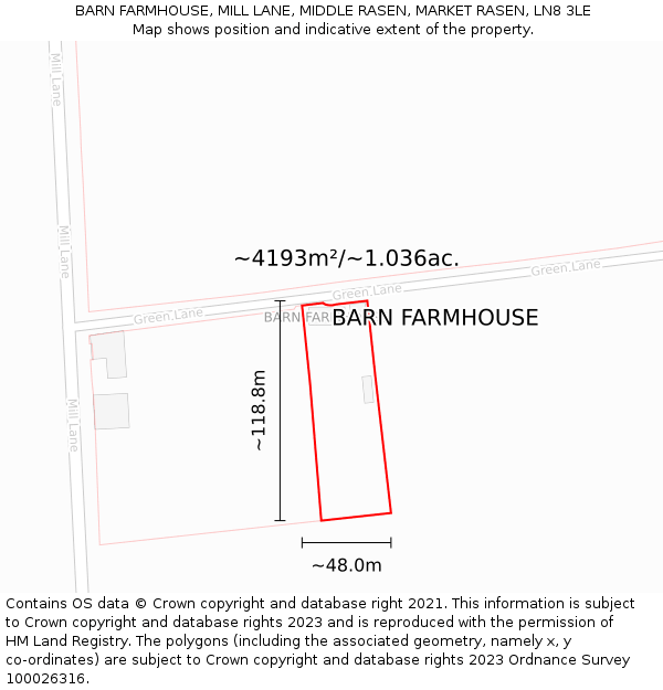 BARN FARMHOUSE, MILL LANE, MIDDLE RASEN, MARKET RASEN, LN8 3LE: Plot and title map