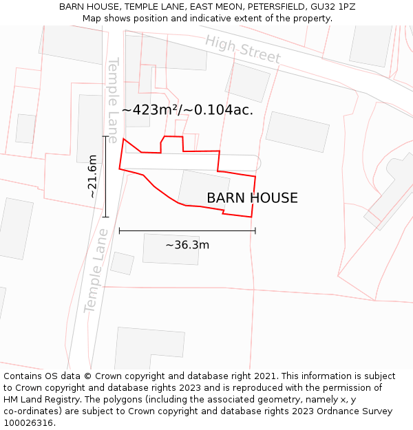 BARN HOUSE, TEMPLE LANE, EAST MEON, PETERSFIELD, GU32 1PZ: Plot and title map