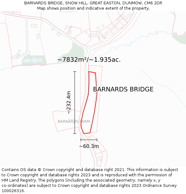 BARNARDS BRIDGE, SNOW HILL, GREAT EASTON, DUNMOW, CM6 2DR: Plot and title map