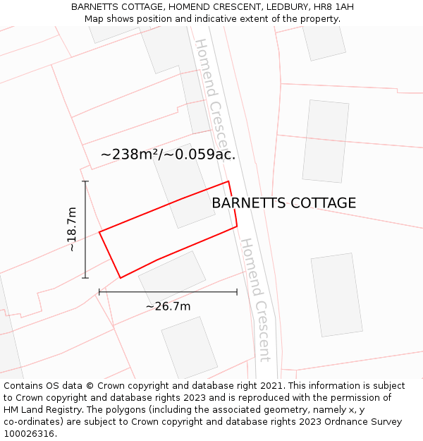 BARNETTS COTTAGE, HOMEND CRESCENT, LEDBURY, HR8 1AH: Plot and title map