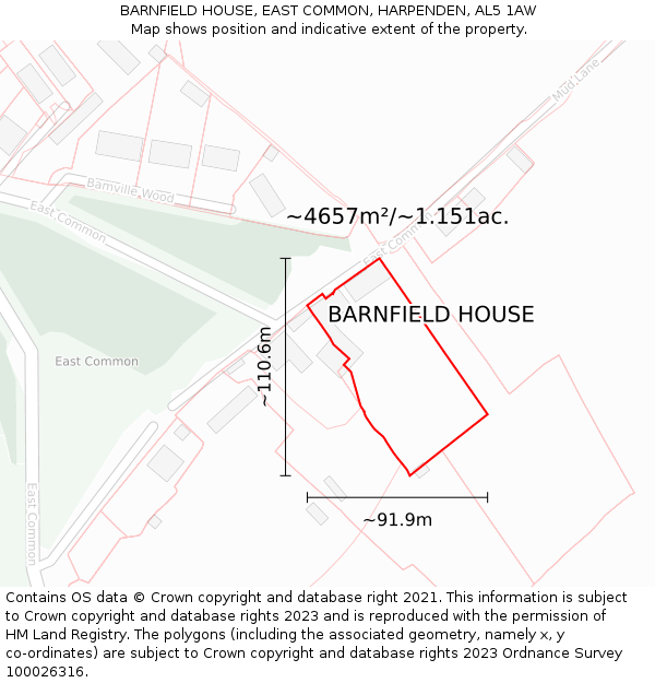 BARNFIELD HOUSE, EAST COMMON, HARPENDEN, AL5 1AW: Plot and title map