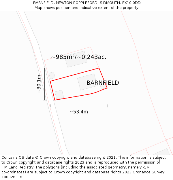 BARNFIELD, NEWTON POPPLEFORD, SIDMOUTH, EX10 0DD: Plot and title map