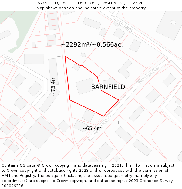 BARNFIELD, PATHFIELDS CLOSE, HASLEMERE, GU27 2BL: Plot and title map