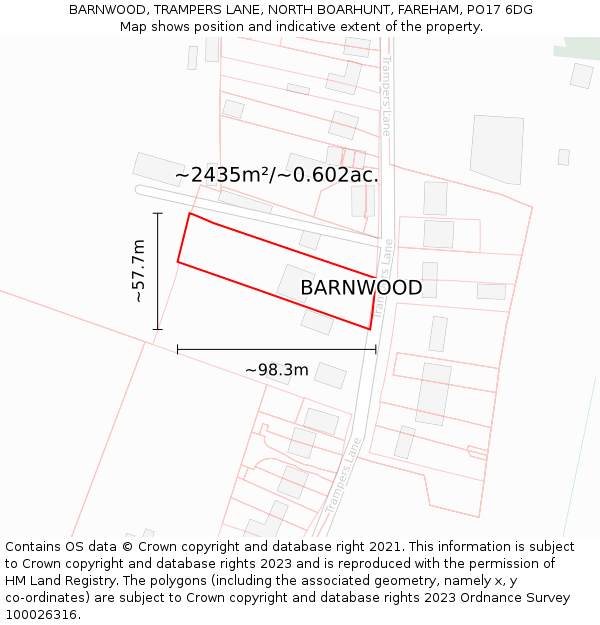 BARNWOOD, TRAMPERS LANE, NORTH BOARHUNT, FAREHAM, PO17 6DG: Plot and title map