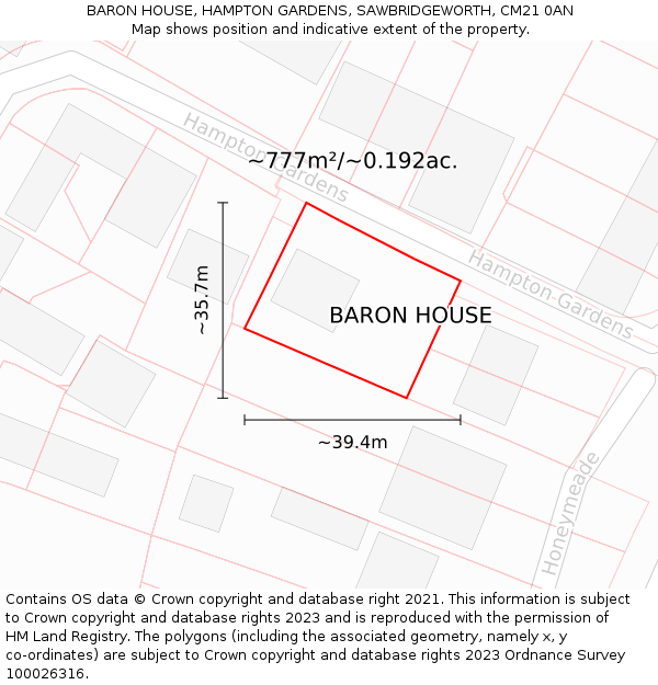 BARON HOUSE, HAMPTON GARDENS, SAWBRIDGEWORTH, CM21 0AN: Plot and title map