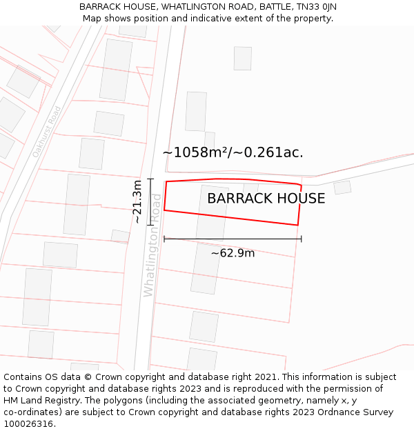 BARRACK HOUSE, WHATLINGTON ROAD, BATTLE, TN33 0JN: Plot and title map