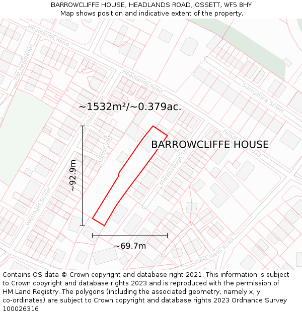 BARROWCLIFFE HOUSE, HEADLANDS ROAD, OSSETT, WF5 8HY: Plot and title map