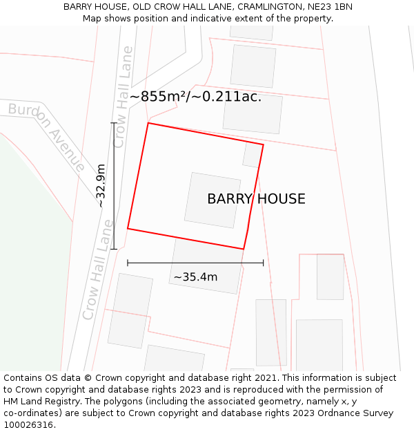 BARRY HOUSE, OLD CROW HALL LANE, CRAMLINGTON, NE23 1BN: Plot and title map