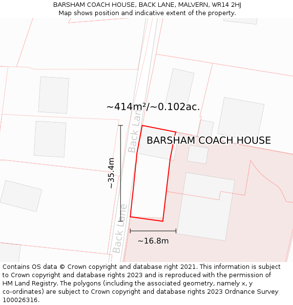 BARSHAM COACH HOUSE, BACK LANE, MALVERN, WR14 2HJ: Plot and title map