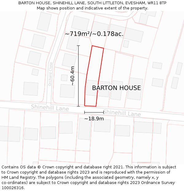 BARTON HOUSE, SHINEHILL LANE, SOUTH LITTLETON, EVESHAM, WR11 8TP: Plot and title map