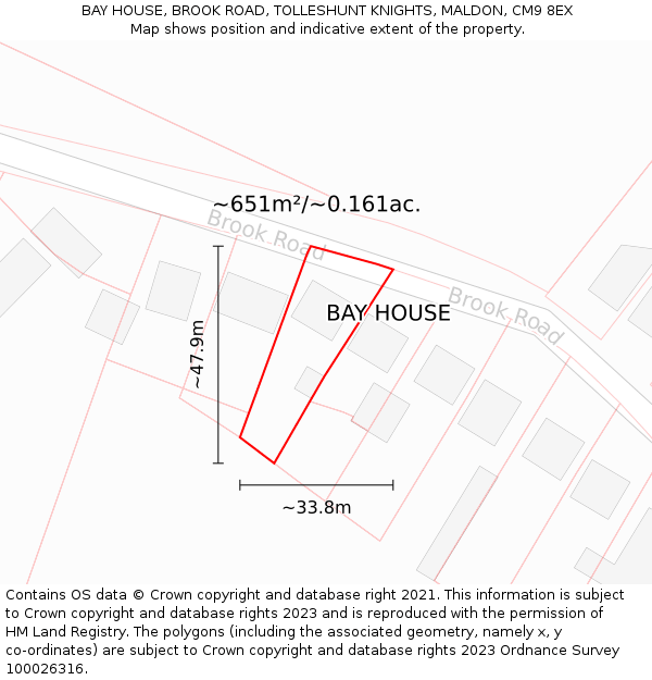 BAY HOUSE, BROOK ROAD, TOLLESHUNT KNIGHTS, MALDON, CM9 8EX: Plot and title map