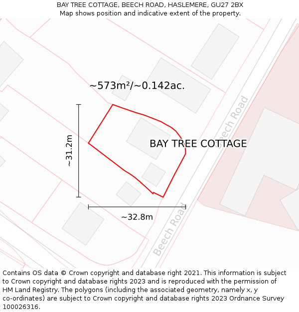 BAY TREE COTTAGE, BEECH ROAD, HASLEMERE, GU27 2BX: Plot and title map