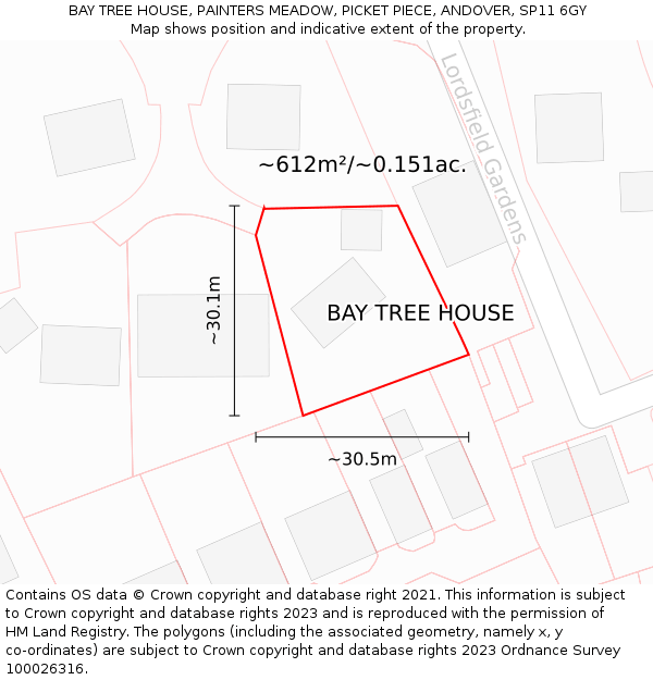 BAY TREE HOUSE, PAINTERS MEADOW, PICKET PIECE, ANDOVER, SP11 6GY: Plot and title map