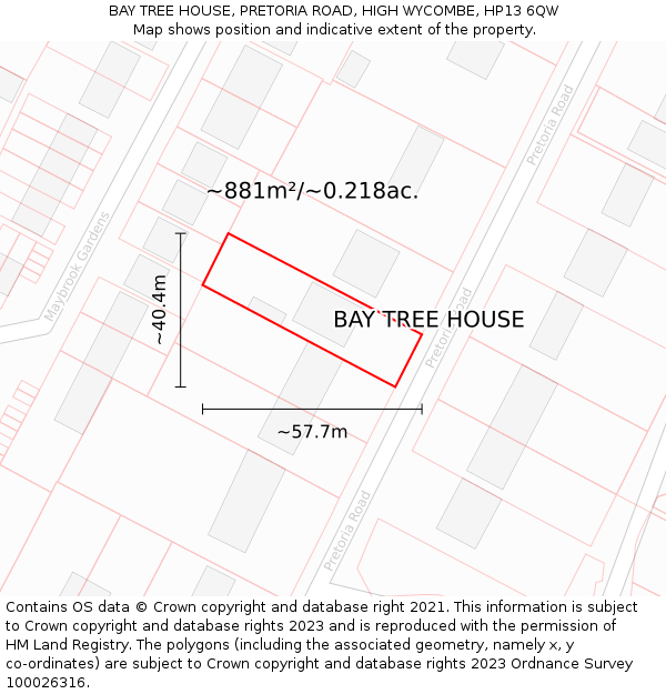 BAY TREE HOUSE, PRETORIA ROAD, HIGH WYCOMBE, HP13 6QW: Plot and title map