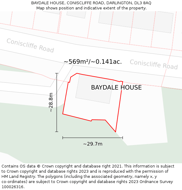 BAYDALE HOUSE, CONISCLIFFE ROAD, DARLINGTON, DL3 8AQ: Plot and title map