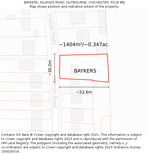 BAYKERS, INLANDS ROAD, NUTBOURNE, CHICHESTER, PO18 8RJ: Plot and title map