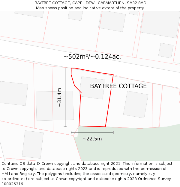 BAYTREE COTTAGE, CAPEL DEWI, CARMARTHEN, SA32 8AD: Plot and title map