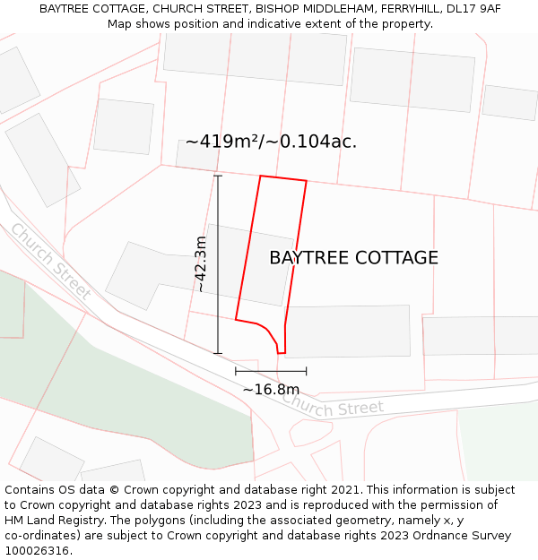 BAYTREE COTTAGE, CHURCH STREET, BISHOP MIDDLEHAM, FERRYHILL, DL17 9AF: Plot and title map