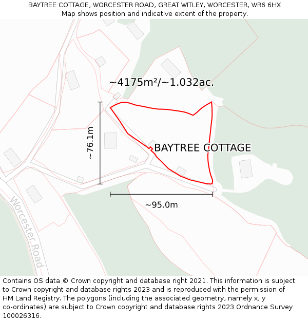 BAYTREE COTTAGE, WORCESTER ROAD, GREAT WITLEY, WORCESTER, WR6 6HX: Plot and title map