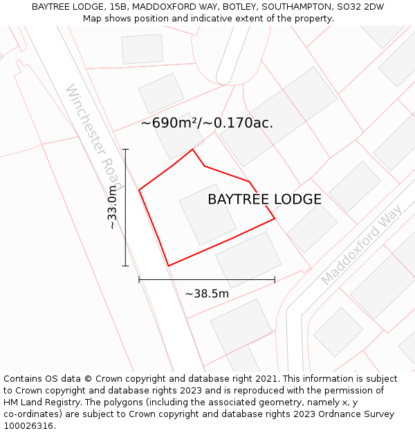 BAYTREE LODGE, 15B, MADDOXFORD WAY, BOTLEY, SOUTHAMPTON, SO32 2DW: Plot and title map