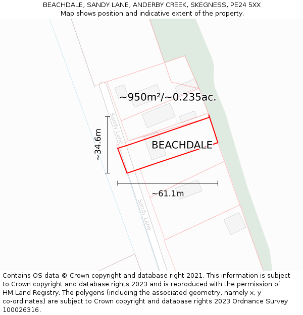 BEACHDALE, SANDY LANE, ANDERBY CREEK, SKEGNESS, PE24 5XX: Plot and title map