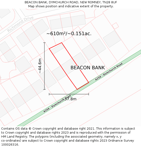 BEACON BANK, DYMCHURCH ROAD, NEW ROMNEY, TN28 8UF: Plot and title map