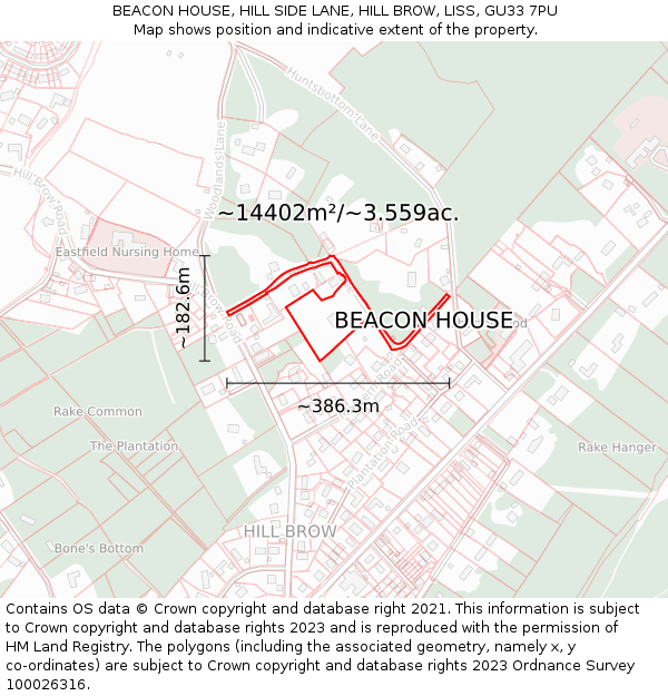 BEACON HOUSE, HILL SIDE LANE, HILL BROW, LISS, GU33 7PU: Plot and title map