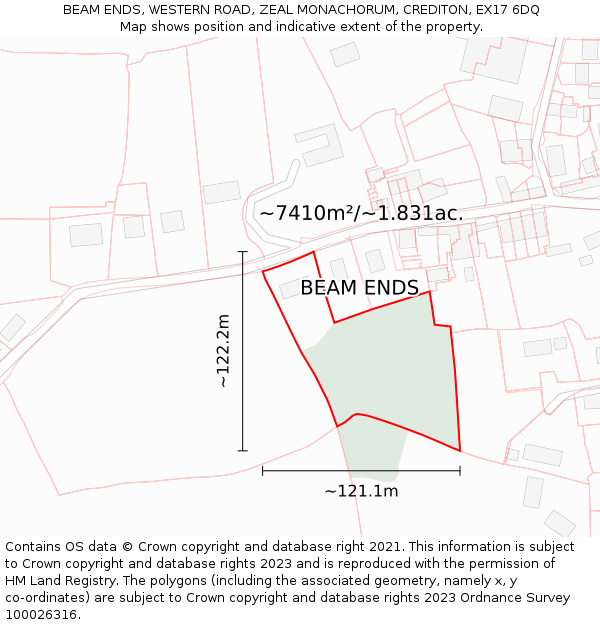 BEAM ENDS, WESTERN ROAD, ZEAL MONACHORUM, CREDITON, EX17 6DQ: Plot and title map