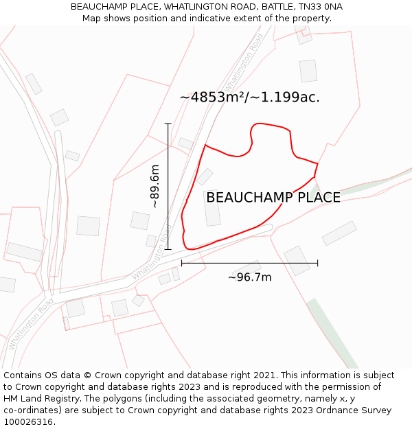 BEAUCHAMP PLACE, WHATLINGTON ROAD, BATTLE, TN33 0NA: Plot and title map