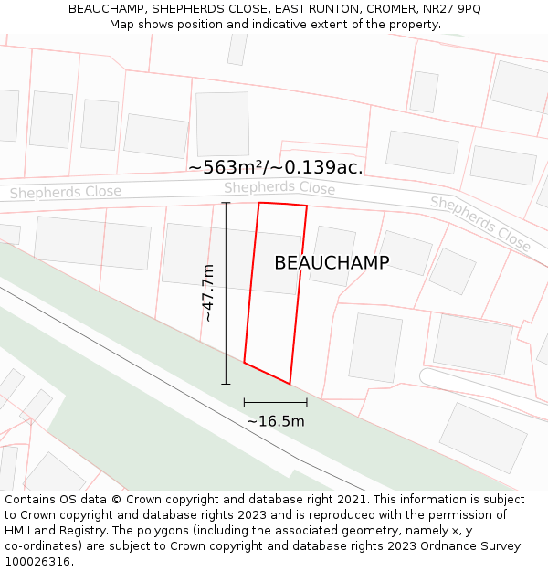 BEAUCHAMP, SHEPHERDS CLOSE, EAST RUNTON, CROMER, NR27 9PQ: Plot and title map