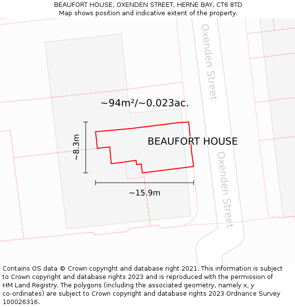 BEAUFORT HOUSE, OXENDEN STREET, HERNE BAY, CT6 8TD: Plot and title map